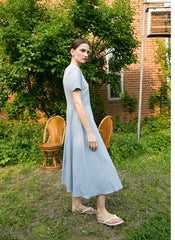 Short Sleeve Linen Midi Dress with Fitted Waist, Side Pockets, and Flared Hemline