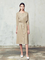 Button-Front Linen Midi Dress with Fitted Waist and 3/4 Sleeves for Timeless Everyday Wear