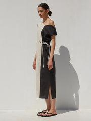 Color-Block Asymmetrical Linen Midi Dress with Waist Tie and Side Slit Detail