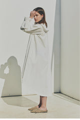 Linen Ruffle Collar Midi Dress with Button Front and Long Puff Sleeves