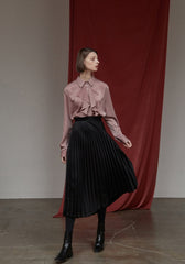 High-Waisted Pleated Silk Midi Skirt for Women with Elastic Waistband – Elegant Evening Bottom