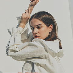 Linen Ruffle Collar Midi Dress with Button Front and Long Puff Sleeves