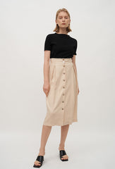 High-Waisted Linen Midi Skirt with Front Button Closure and Back Vent for Easy Movement