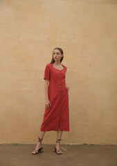 Linen Midi Dress with Button-Front Design and Square Neckline for Women’s Elegant Summer Wardrobe