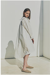 Linen Ruffle Collar Midi Dress with Button Front and Long Puff Sleeves