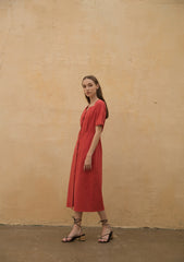 Linen Midi Dress with Button-Front Design and Square Neckline for Women’s Elegant Summer Wardrobe