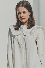 Linen Ruffle Collar Midi Dress with Button Front and Long Puff Sleeves