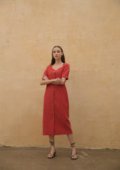 Linen Midi Dress with Button-Front Design and Square Neckline for Women’s Elegant Summer Wardrobe