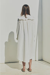 Linen Ruffle Collar Midi Dress with Button Front and Long Puff Sleeves