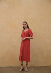 Linen Midi Dress with Button-Front Design and Square Neckline for Women’s Elegant Summer Wardrobe