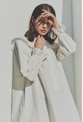 Linen Ruffle Collar Midi Dress with Button Front and Long Puff Sleeves