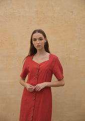 Linen Midi Dress with Button-Front Design and Square Neckline for Women’s Elegant Summer Wardrobe