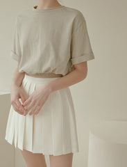 High-Waisted Pleated Mini Skirt in Lightweight Linen Blend with Side Zipper Closure