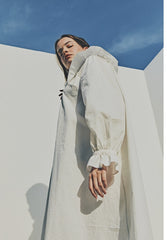 Linen Ruffle Collar Midi Dress with Button Front and Long Puff Sleeves