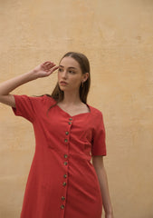 Linen Midi Dress with Button-Front Design and Square Neckline for Women’s Elegant Summer Wardrobe