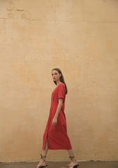 Linen Midi Dress with Button-Front Design and Square Neckline for Women’s Elegant Summer Wardrobe