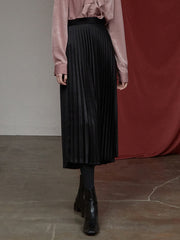 High-Waisted Pleated Silk Midi Skirt for Women with Elastic Waistband – Elegant Evening Bottom