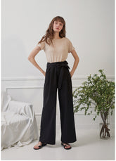High-Waisted Wide-Leg Linen Pants with Tie Belt and Tailored Seams for Modern Elegance