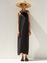 Strappy Linen Midi Dress with Adjustable Shoulder Ties and Flowing Minimalist Silhouette