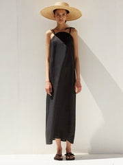 Strappy Linen Midi Dress with Adjustable Shoulder Ties and Flowing Minimalist Silhouette