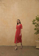 Linen Midi Dress with Button-Front Design and Square Neckline for Women’s Elegant Summer Wardrobe