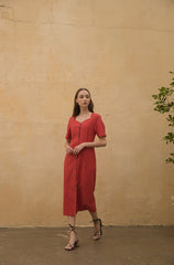 Linen Midi Dress with Button-Front Design and Square Neckline for Women’s Elegant Summer Wardrobe