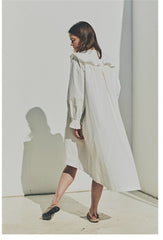 Linen Ruffle Collar Midi Dress with Button Front and Long Puff Sleeves