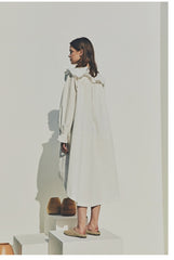 Linen Ruffle Collar Midi Dress with Button Front and Long Puff Sleeves