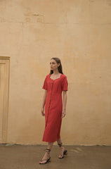 Linen Midi Dress with Button-Front Design and Square Neckline for Women’s Elegant Summer Wardrobe