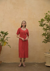 Linen Midi Dress with Button-Front Design and Square Neckline for Women’s Elegant Summer Wardrobe