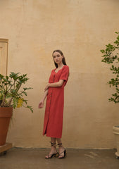 Linen Midi Dress with Button-Front Design and Square Neckline for Women’s Elegant Summer Wardrobe