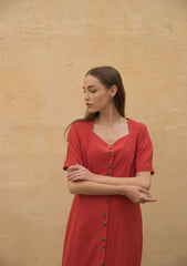 Linen Midi Dress with Button-Front Design and Square Neckline for Women’s Elegant Summer Wardrobe