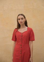 Linen Midi Dress with Button-Front Design and Square Neckline for Women’s Elegant Summer Wardrobe