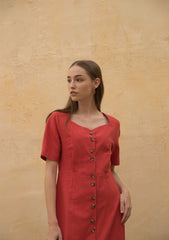 Linen Midi Dress with Button-Front Design and Square Neckline for Women’s Elegant Summer Wardrobe
