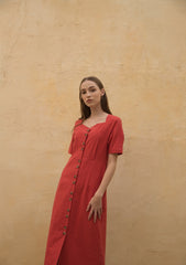 Linen Midi Dress with Button-Front Design and Square Neckline for Women’s Elegant Summer Wardrobe