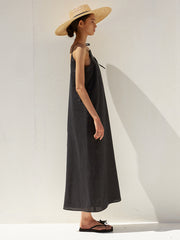 Strappy Linen Midi Dress with Adjustable Shoulder Ties and Flowing Minimalist Silhouette