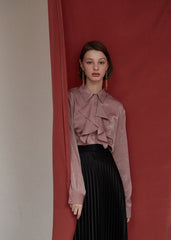 Ruffled Silk Blouse for Women with Long Sleeves and Button Front – Elegant Shiny Draped Top