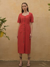 Linen Midi Dress with Button-Front Design and Square Neckline for Women’s Elegant Summer Wardrobe