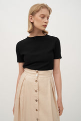 High-Waisted Linen Midi Skirt with Front Button Closure and Back Vent for Easy Movement