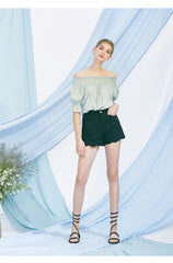 High-Waisted Denim Shorts for Women with Raw Hem Finish and Stretch Cotton Fabric Blend