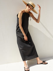 Strappy Linen Midi Dress with Adjustable Shoulder Ties and Flowing Minimalist Silhouette