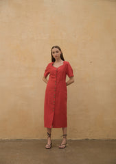 Linen Midi Dress with Button-Front Design and Square Neckline for Women’s Elegant Summer Wardrobe
