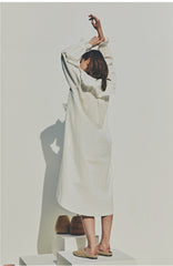 Linen Ruffle Collar Midi Dress with Button Front and Long Puff Sleeves