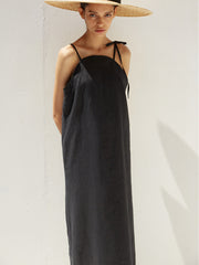 Strappy Linen Midi Dress with Adjustable Shoulder Ties and Flowing Minimalist Silhouette