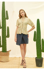 Ruffle Button-Front Linen Blouse with Puff Sleeves
