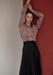 Ruffled Silk Blouse for Women with Long Sleeves and Button Front – Elegant Shiny Draped Top