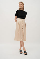 High-Waisted Linen Midi Skirt with Front Button Closure and Back Vent for Easy Movement