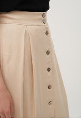 High-Waisted Linen Midi Skirt with Front Button Closure and Back Vent for Easy Movement