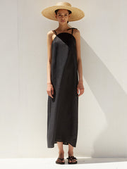 Strappy Linen Midi Dress with Adjustable Shoulder Ties and Flowing Minimalist Silhouette