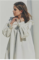Linen Ruffle Collar Midi Dress with Button Front and Long Puff Sleeves